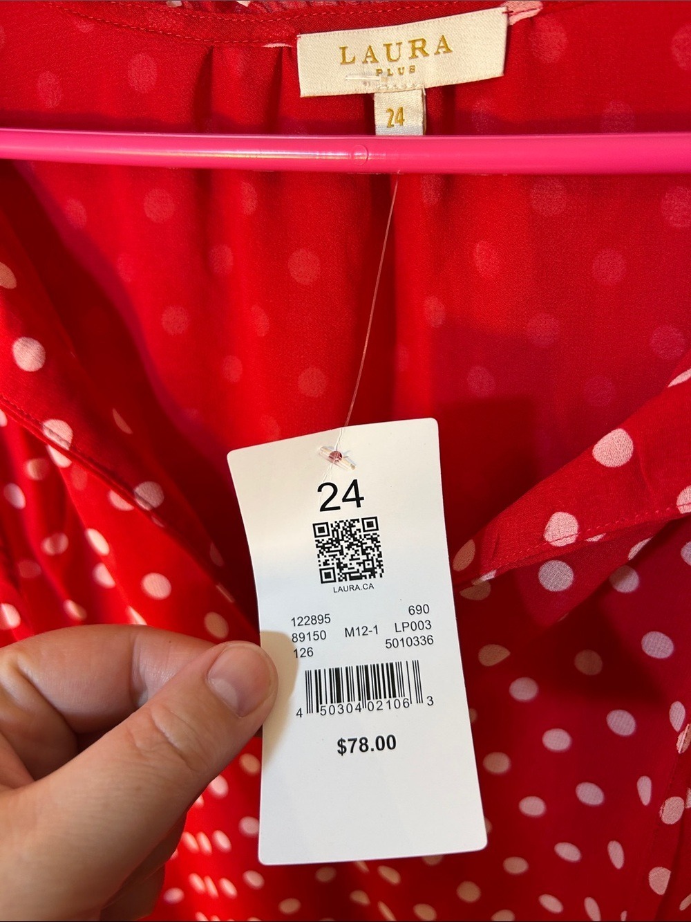 Laura Red Polka Dot Tie-Neck Ruffle Sleeve Sheer Blouse size 24 new - Picture 2 of 5